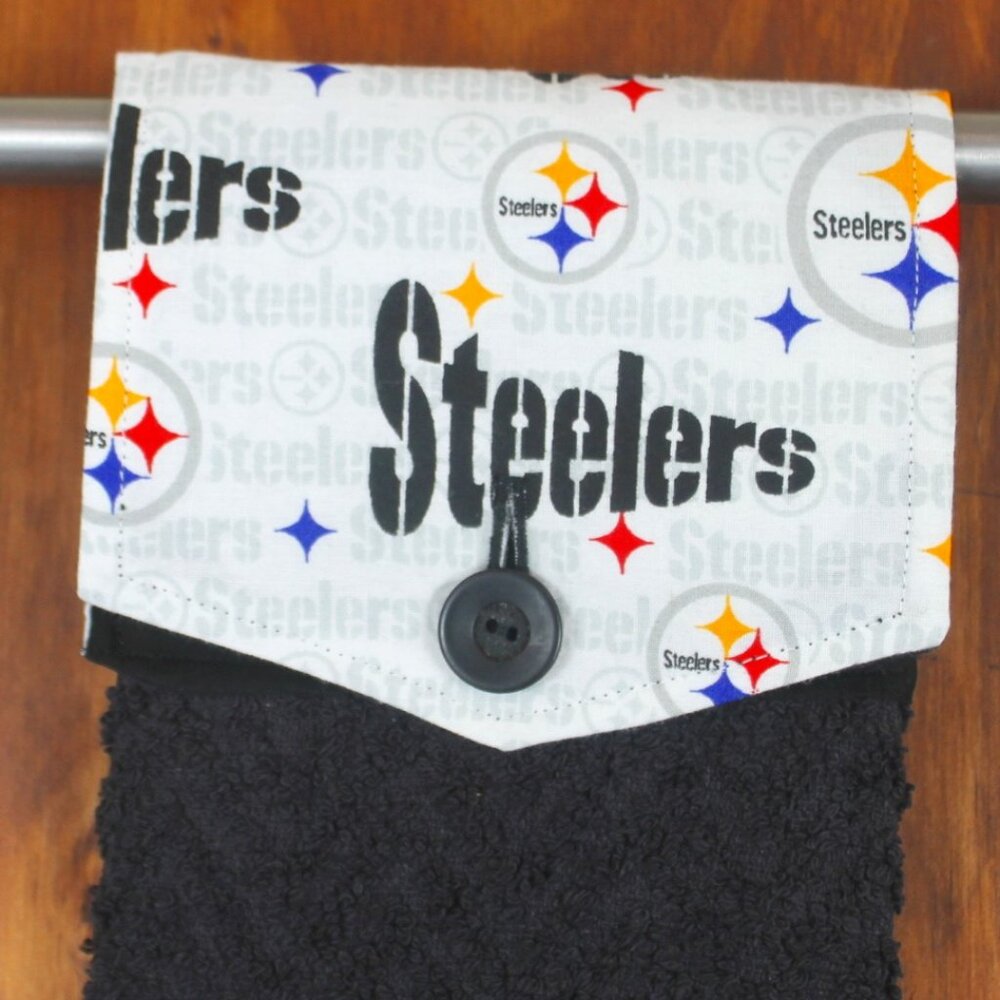 PITTSBURGH STEELERS HAND TOWEL BLACK & WHITE HANDMADE HANGING KITCHEN COTTON